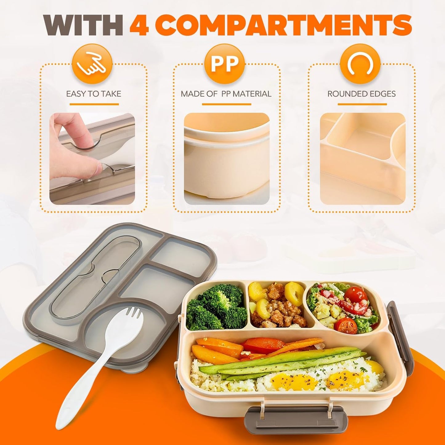 Bento Box Adult Lunch Box with 4-Compartment Leakproof Lunch Containers Microwave and Dishwasher Safe Bento Box with Spoon
