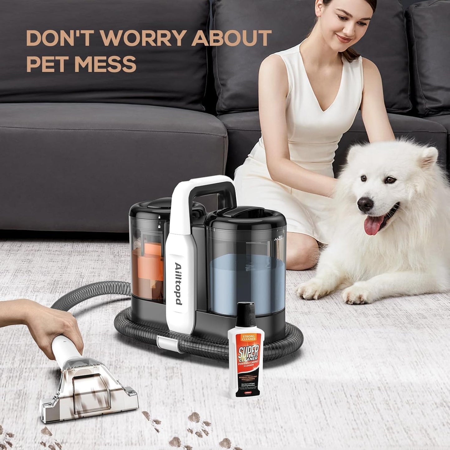 Ailltopd Portable Carpet & Upholstery Spot Cleaner, Powerful Suction and Spot Remover, Deep Stain Cleaning for Carpet, Pets, Stairs, Car Seat, Couch, with Dual Size BrushHead and Cleaning Solutions