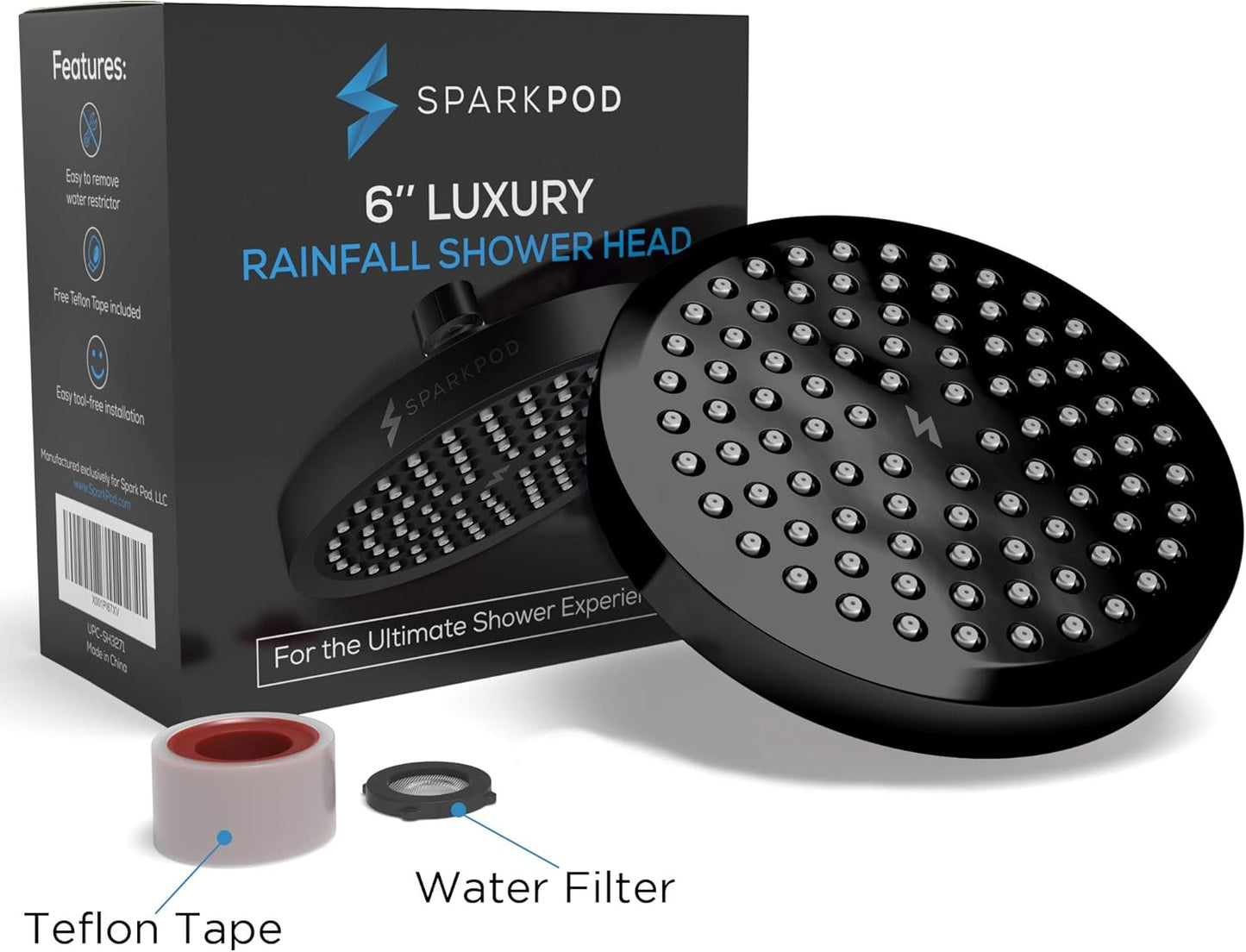 SparkPod Shower Head - High Pressure Rain - Premium Quality Luxury Design - 1-Min Install - Easy Clean Adjustable Replacement for Your Bathroom Shower Heads (Luxury Polished Chrome, 6 Inch Round)