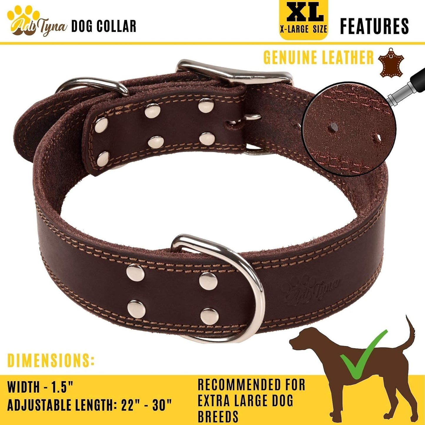 ADITYNA Heavy-Duty Leather Dog Collar for Medium Dogs - Soft and Strong, 100% Genuine Leather - Collier Pour Chien (Medium: Fit 13" - 20" Neck, Brown)