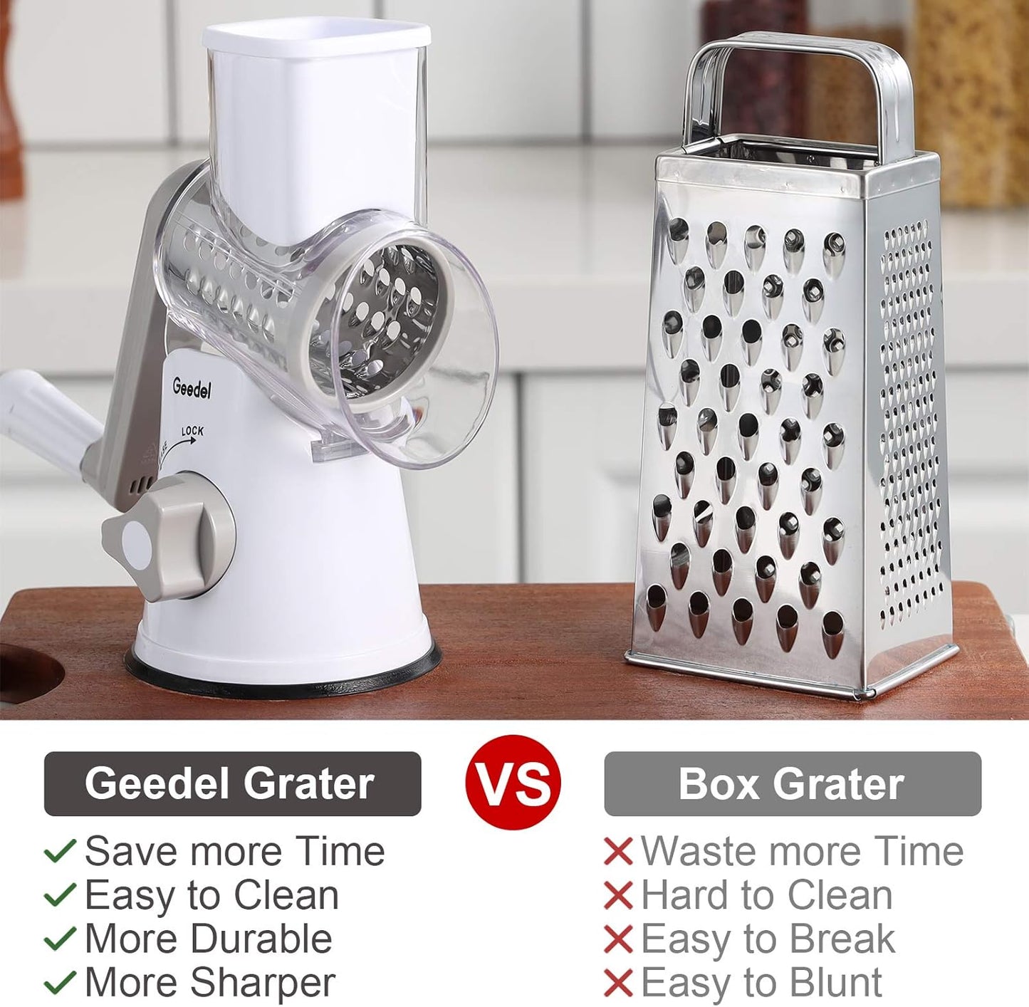 Geedel Kitchen Cheese Grater, Rotary Mandoline Vegetable Slicer with Interchangeable Blades, Easy to Use Rotary Grater Slicer for Fruit, Vegetables, Nuts