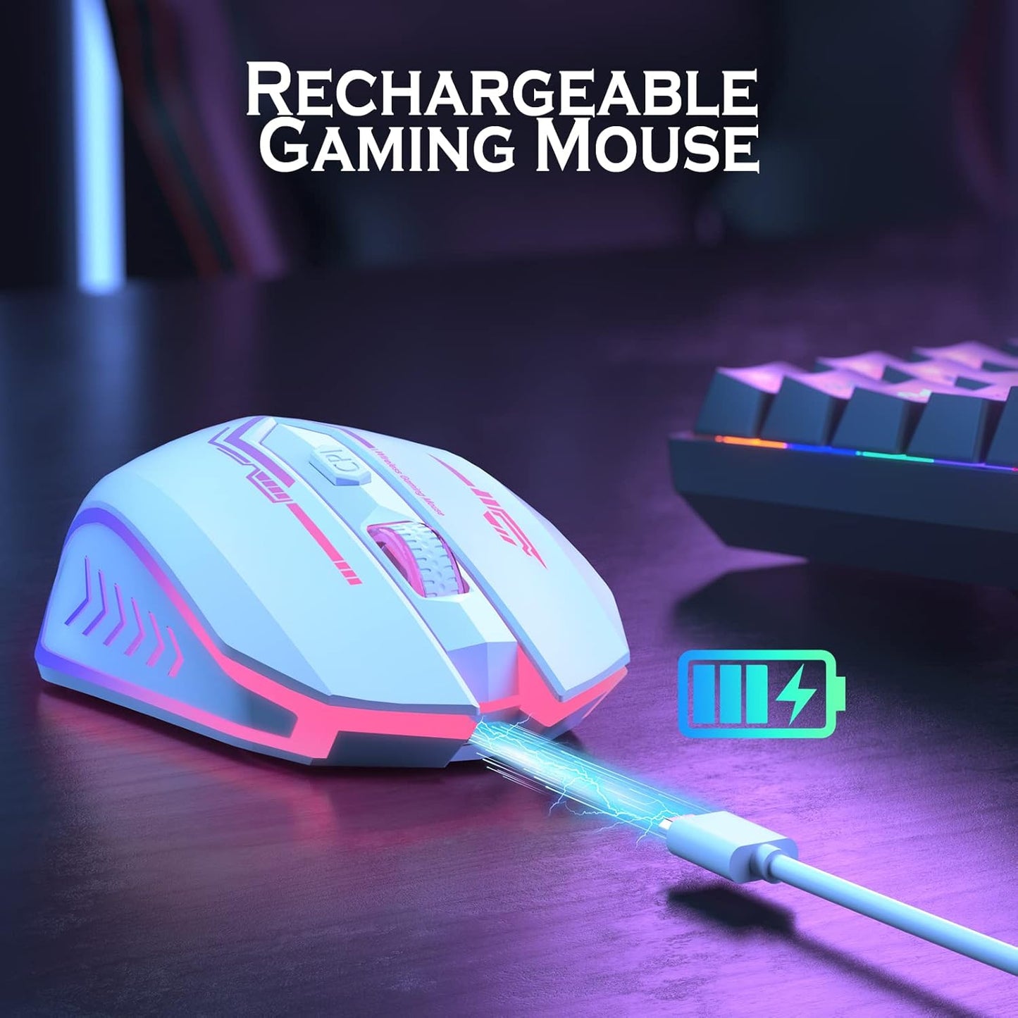 Wireless Gaming Mouse Up to 10000 DPI, UHURU Rechargeable USB Wireless Mouse with 6 Buttons 7 Changeable LED Color Ergonomic Programmable MMO RPG for PC Laptop, Compatible with Windows Mac
