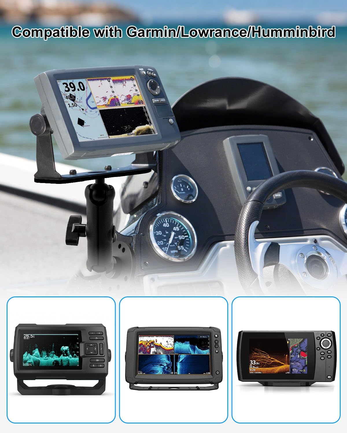 Aluminum Fish Finder Mount Compatible with Garmin Lowrance Humminbird, 5.9In Adjustable Medium Arm with 1.5In C Size Ball, Depth Finder Holder with Universal AMPS for Marine-Grade Boat Kayak