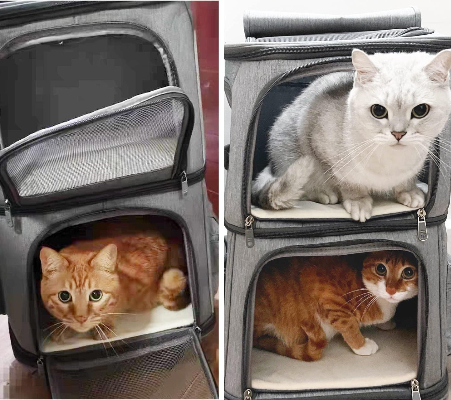 Pet Backpack Carrier Double-Compartment, Portable Pet Cat Carrier Travel for 2 Small Cats or Dogs, Breathable Large Size Cat Carrier Backpack, Perfect for Travel/Hiking/Camping/Walking Outdoor, Grey