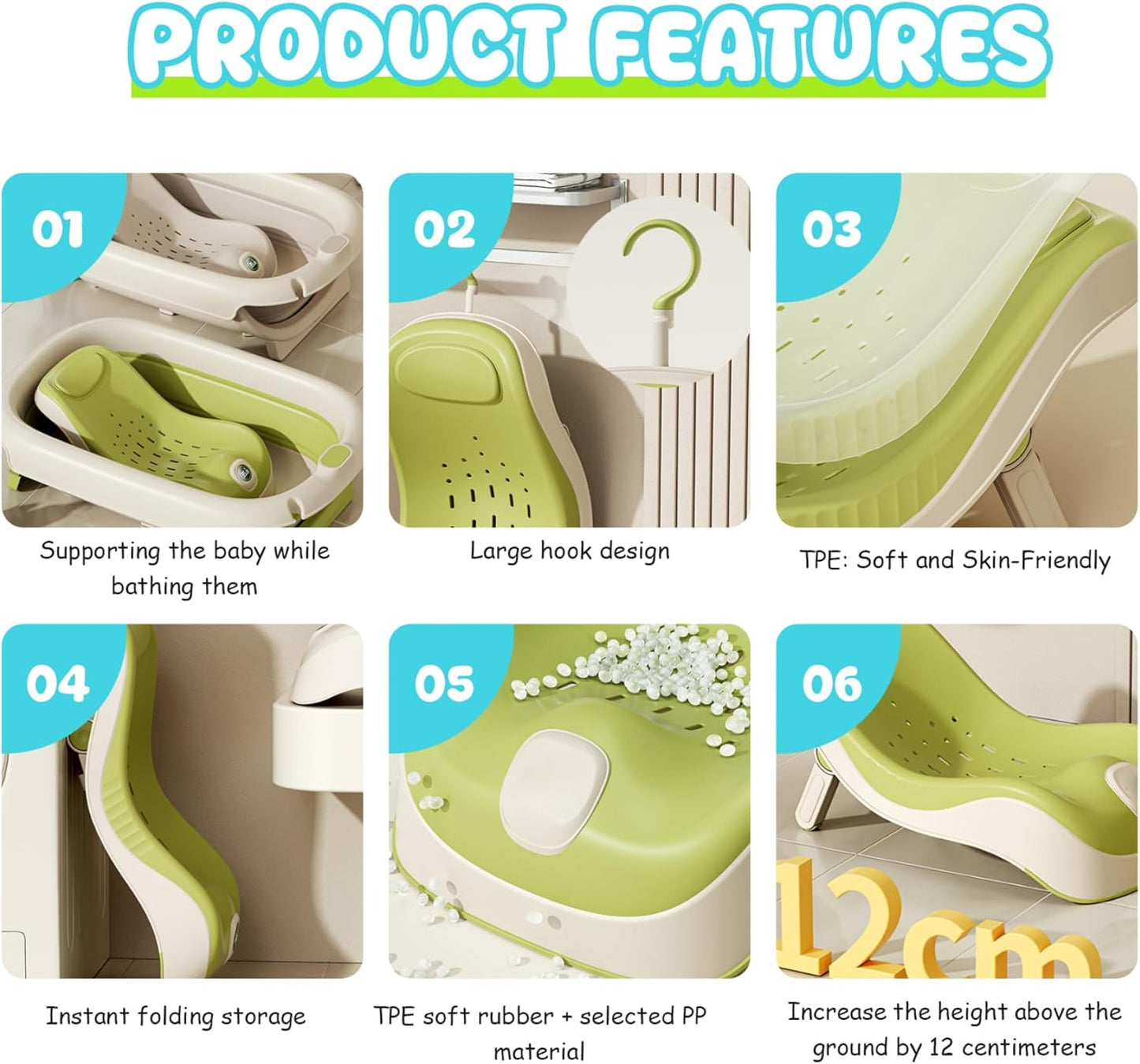 Baby Sink Bath, Adjustable Height Ergonomic Baby Bath Support with Temperature Reminder & Drainage Hole, Foldable Portable Infant Bathtub with Hook for Home Travel, Green, Sink Bather for
