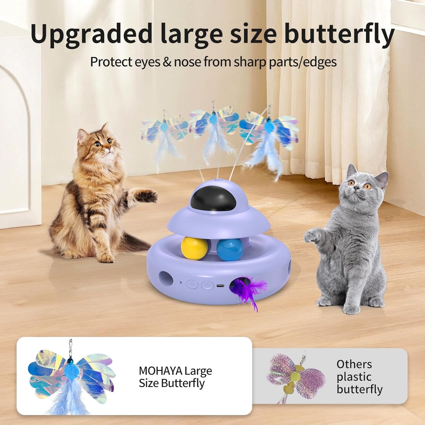 MOHAYA Interactive Cat Toys for Indoor Cats,4-in-1 Automatic Kitten Toy,Motion Activated Electronic Fluttering Butterfly,Track Balls, Moving Feather Toys for All Breeds,USB Rechargeable