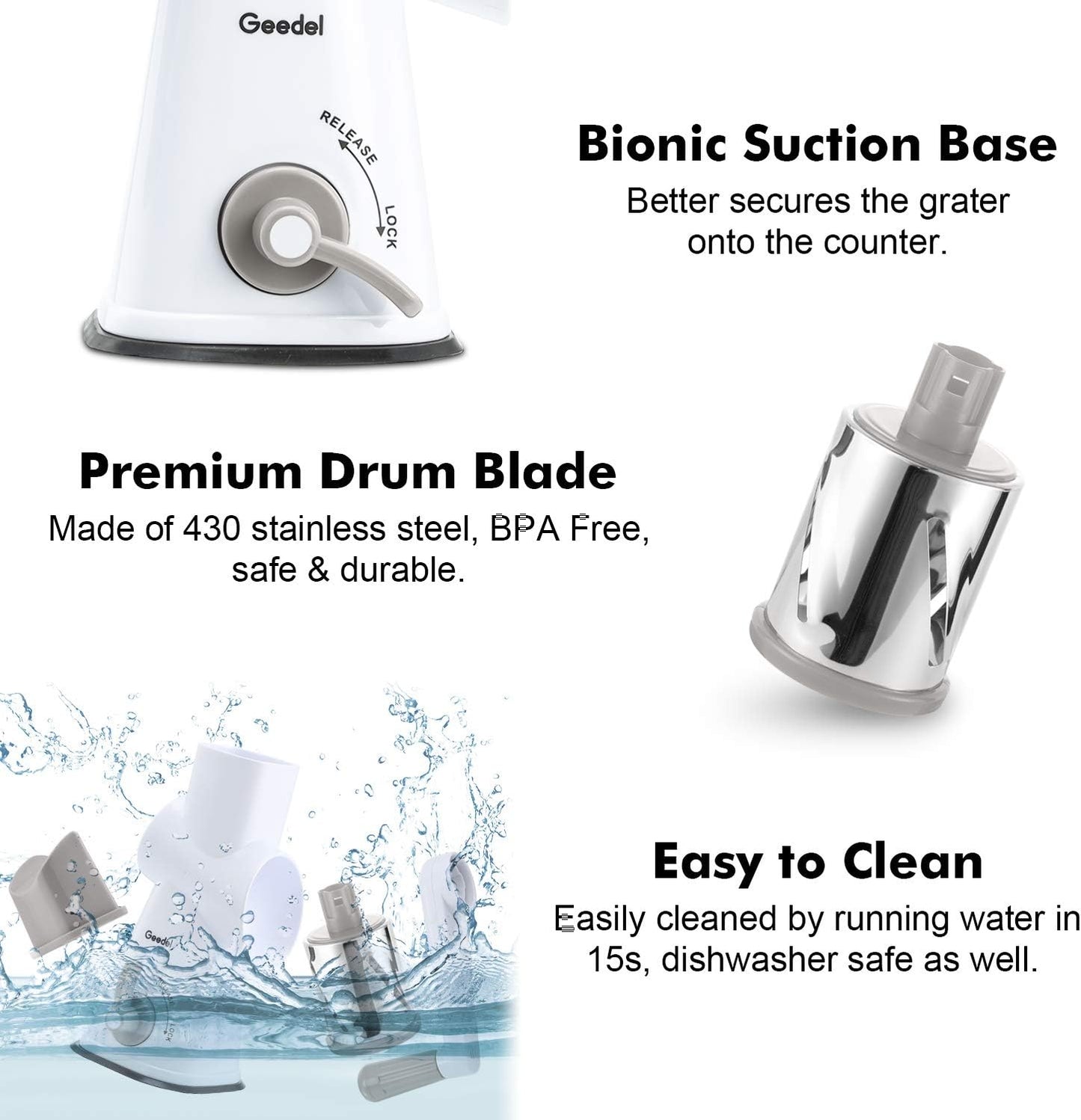 Geedel Kitchen Cheese Grater, Rotary Mandoline Vegetable Slicer with Interchangeable Blades, Easy to Use Rotary Grater Slicer for Fruit, Vegetables, Nuts