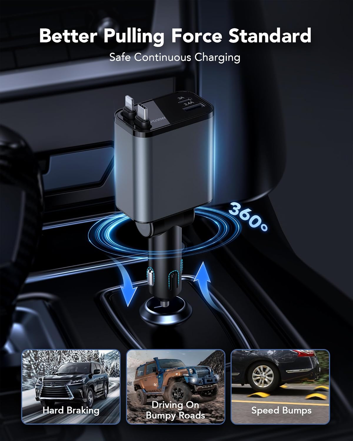 69W Retractable Car Charger, 4-in-1 Fast Car Phone Charger with 2.6ft Two Retractable Cables and USB C+USB A Car Charger Block Cube, Compatible with iPhone 16 15 14 13 12 Pro Max Plus,Galaxy,Pixel