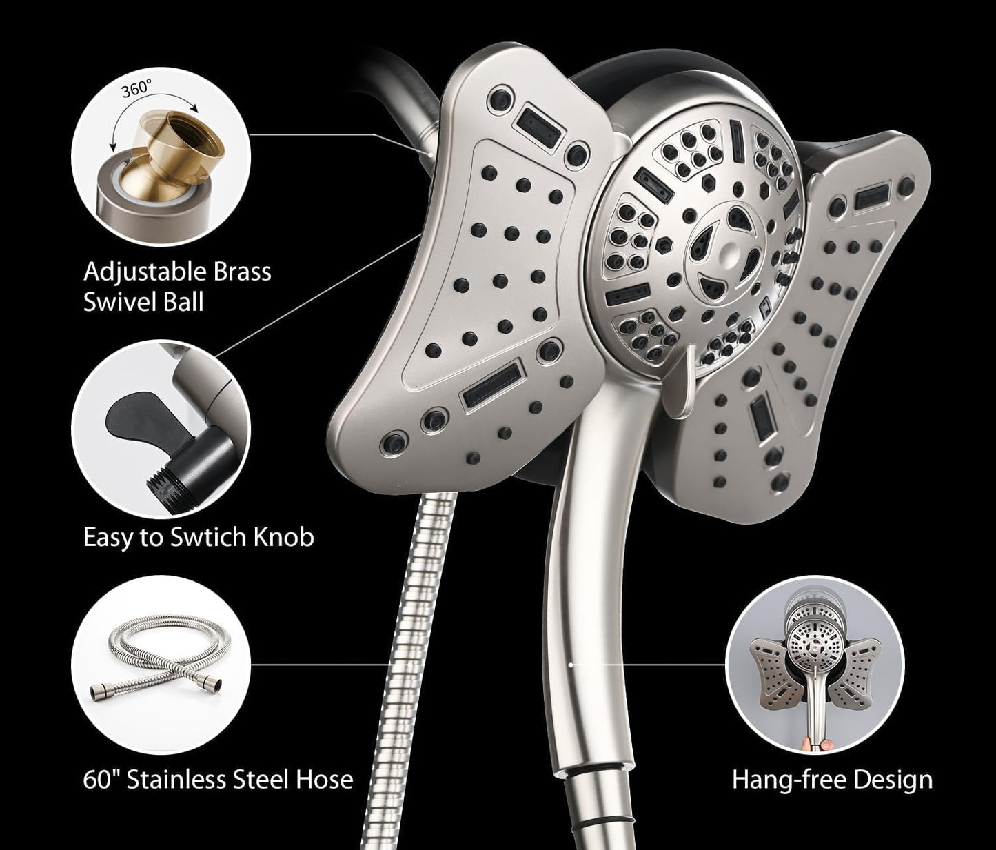 High Pressure Shower Head with Handheld: GRICH 2-in-1 Shower Heads with Hand Held Spray Combo, Anti-Leak 9 Spray Modes Handheld Shower Head & Rain Shower Head with Hose 60'', Angle Adjustable