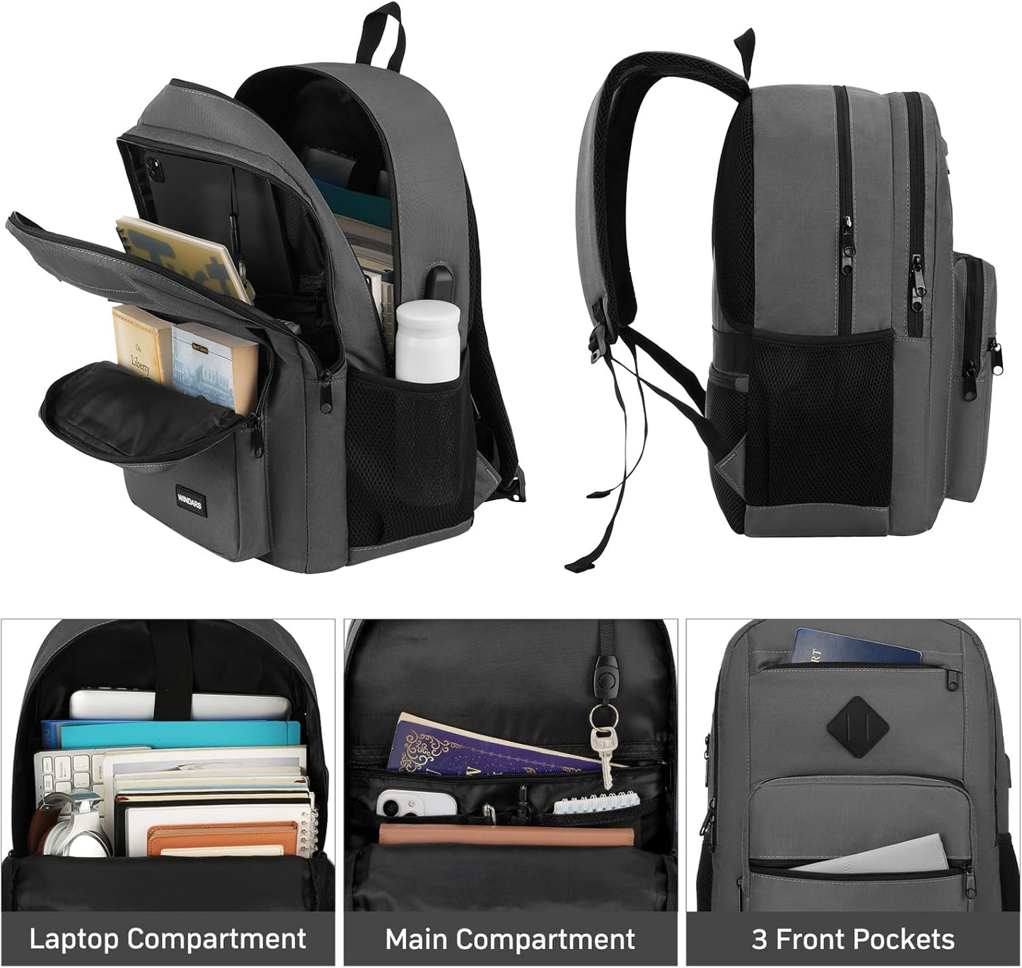 Black Backpack for Men Women, Durable Casual School Backpacks Teens Boys and Girls Classic 15.6 Inch Laptop Bookbag with USB Charger for College High School Work Travel