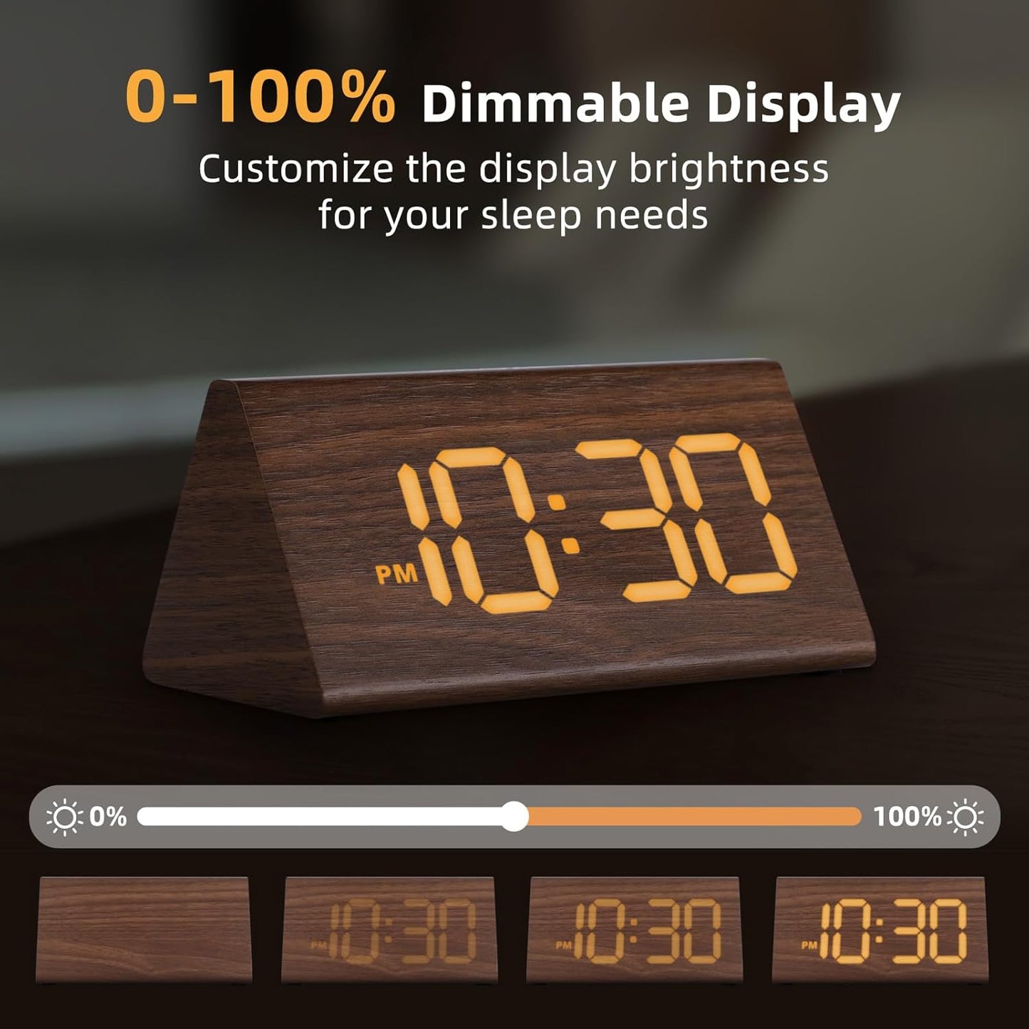 Odokee Wooden Digital Alarm Clock for Bedroom: Electric Desk Clock with Large LED Display - Brown