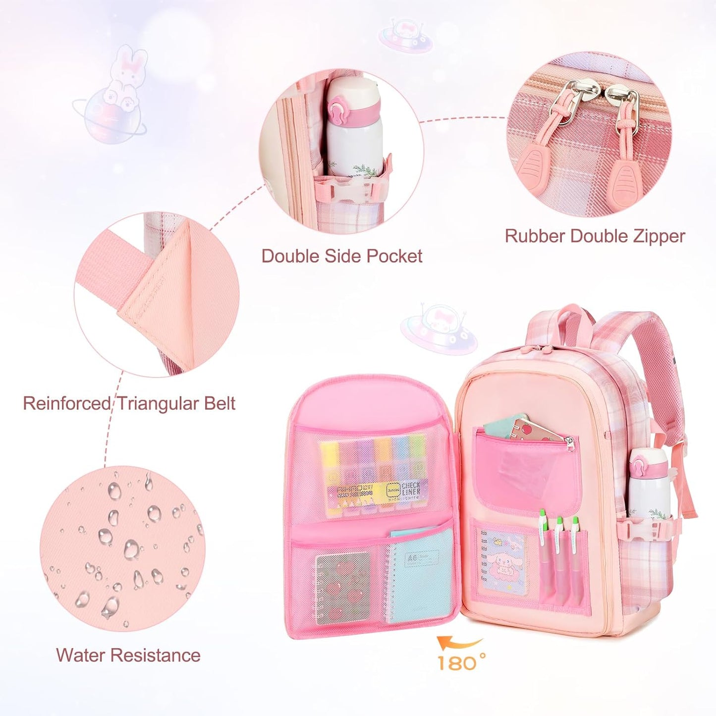 FIXITOK Girls Backpack Set, 3PCS Kids Backpack for Girls, Kawaii Bunny School Backpacks for Girl Kindergarten Elementary Preschool Middle School Bags with Lunch Box Pencil Case Aquamarine