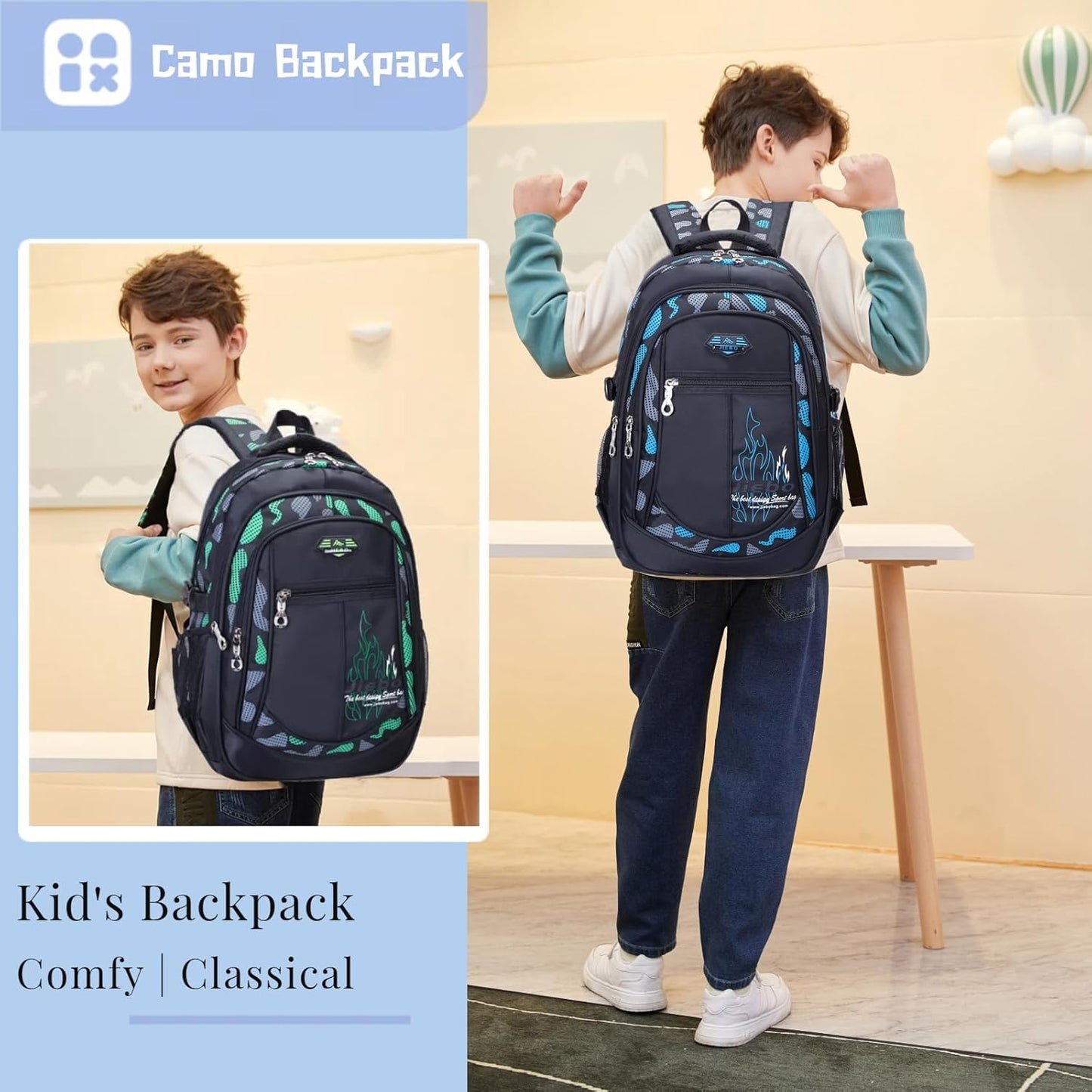 Blue-Camouflage Backpacks for Boys School Elementary, Camouflage Boys School Bags Capacity Bookbags
