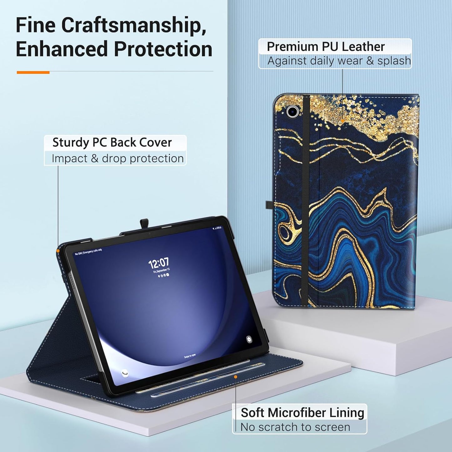 MoKo Case for Samsung Galaxy Tab A9 Plus 11" 2023 (SM-X210/SM-X216/SM-X218), PU Leather Multi-Angle Viewing Folding Stand Cover Case with Hand Strap, Front Pocket, Auto Wake/Sleep, Denim Blue & Brown