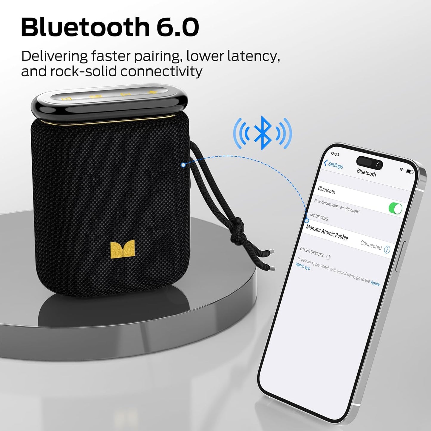 Monster Atomic Pebble Bluetooth Speaker, Portable Wireless Speaker with 15W Loud Sound, Bluetooth 6.0, Support 100+TWS Pairing, 15H Playtime, IP56 Waterproof Outdoor Speaker for Beaches Home Party