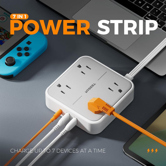 Flat Plug Power Bars with Surge Protector, Flat Extension Cord Indoor 5 Feet, TESSAN Power Strip with 4 Multiple Outlets 3 USB Ports (1 USB C), Surge Protection for Dorm Room Home Office, Gray - PuriLite