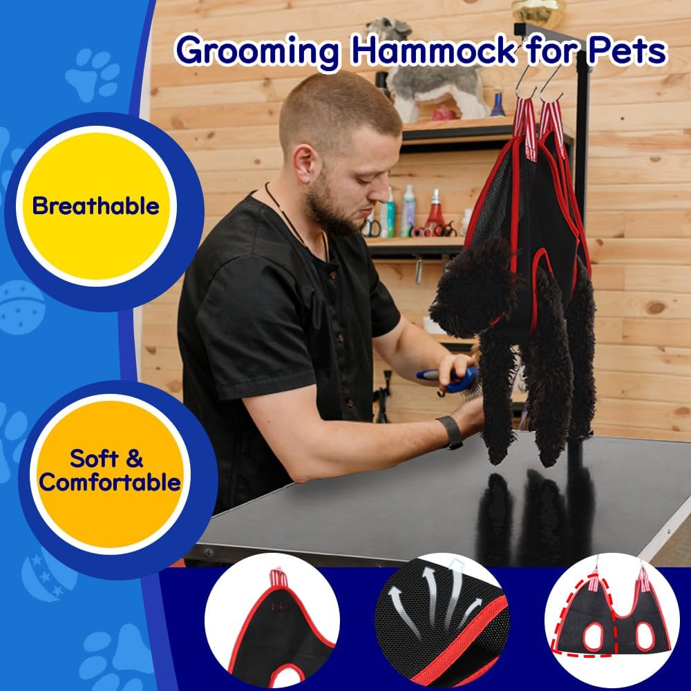 KELIXU Dog Grooming Arm with Clamps, Pet Grooming Table Arm with Hammock Harness &Two No Sit Haunch Holder, Adjustable Pet Grooming Supplies for Small/Medium Pets, Black