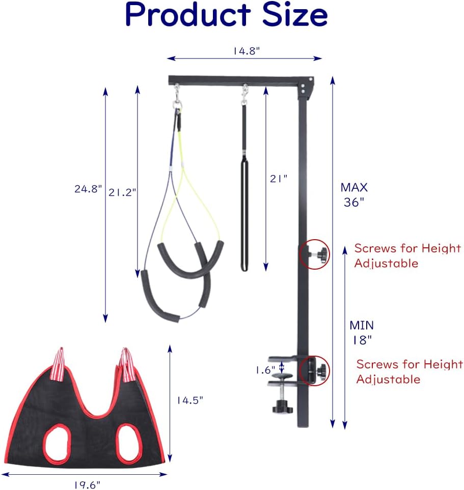 KELIXU Dog Grooming Arm with Clamps, Pet Grooming Table Arm with Hammock Harness &Two No Sit Haunch Holder, Adjustable Pet Grooming Supplies for Small/Medium Pets, Black