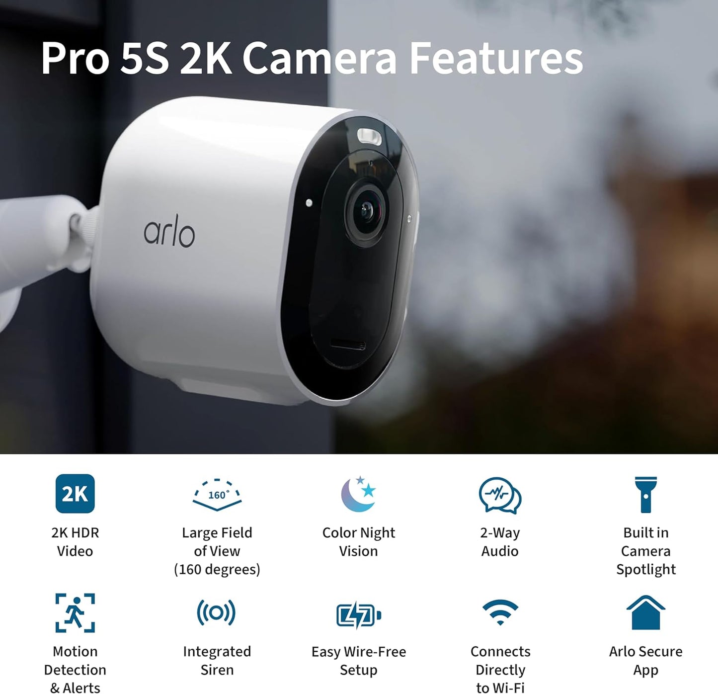 Arlo Pro 5S Spotlight Security Camera 2K HDR | Outdoor | Wire-Free with Spotlight | Dual-Band Wi-Fi Connects to The Strongest Network | 12X Zoom, 2-Way Audio, Color Night Vision, White, 4 Cameras