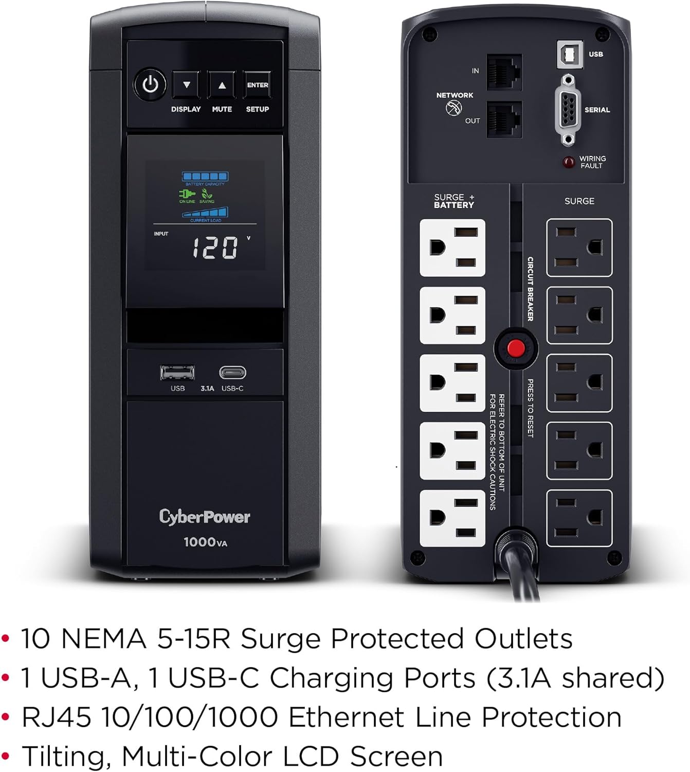 CyberPower CP1500PFCLCD PFC Sinewave UPS System, 1500VA/1000W, 12 Outlets, AVR, Mini Tower, Black