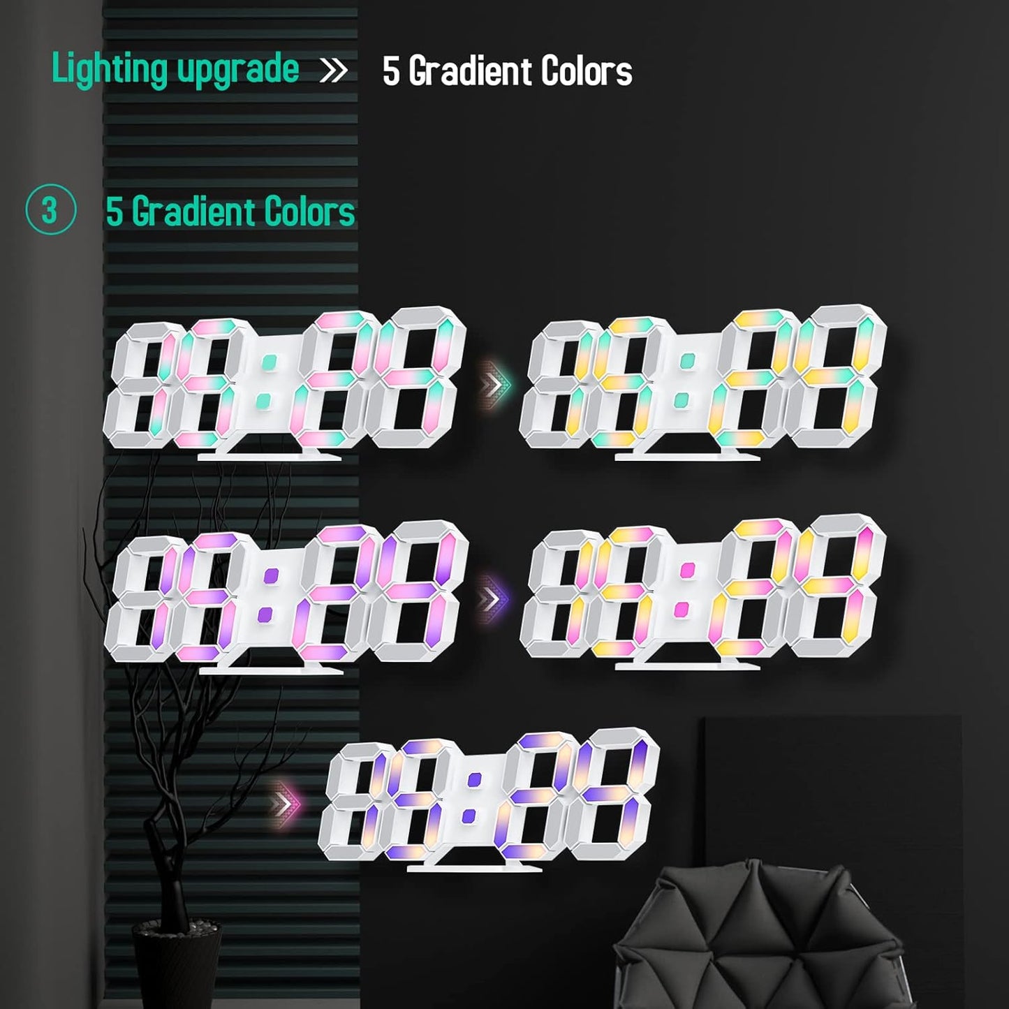 EDUP HOME 3D LED Wall Clock Desk Alarm Clock 7 Colors 9.7" with Remote Control, Digital Alarm Clock Adjustable Brightness Timer 12/24 Hr Time/Date/Temperature for Kid Bedroom/Kitchen/Office