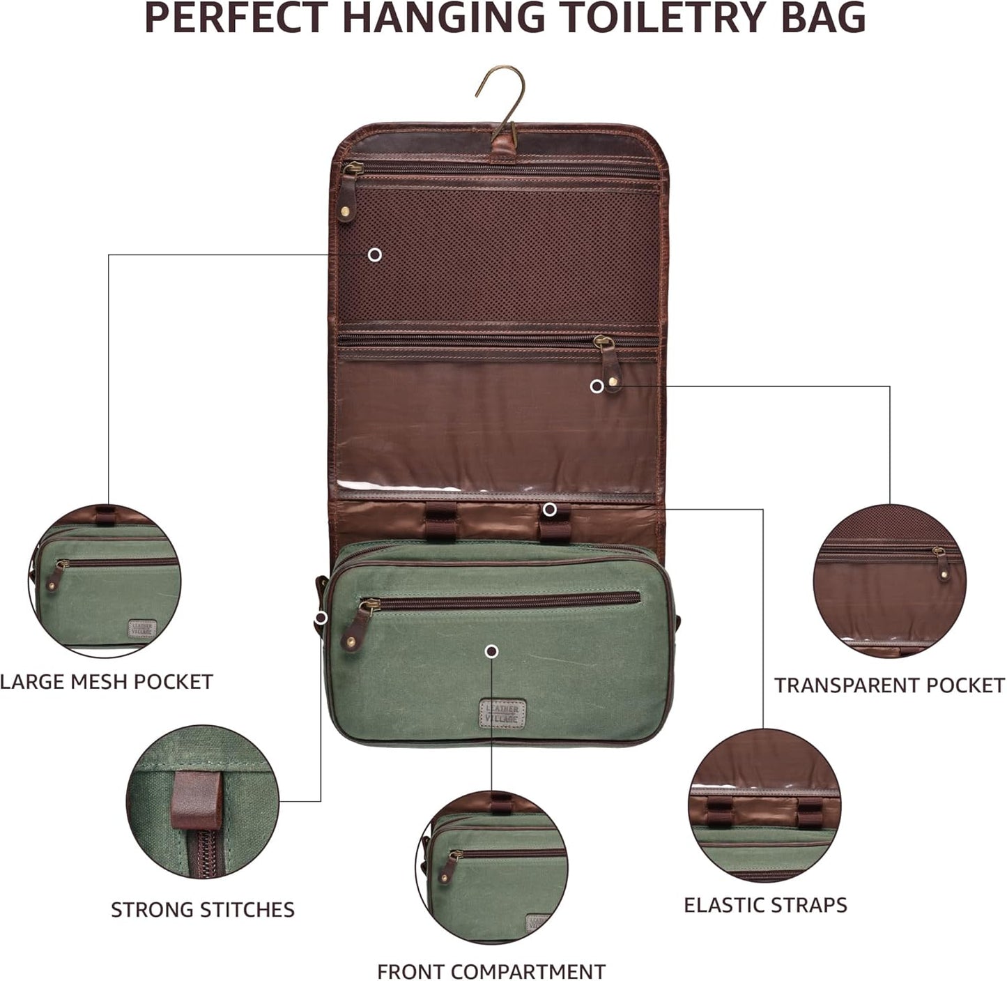 LEATHER VILLAGE Hanging Toiletry Bag for Men & Women, Handcrafted Vintage Cosmetic & Shaving Organizer Travel Dopp Kit- Brown