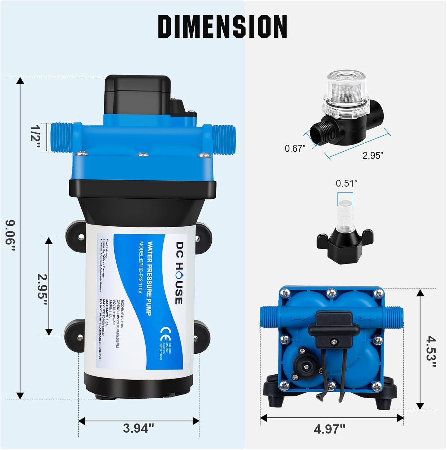 DC HOUSE 12V RV Fresh Water Pump 3.0GPM 45 PSI 12Volt DC Water Pressure Diaphragm Pump On Demand for Camper Trailer Off-Grid Cottage Yacht House