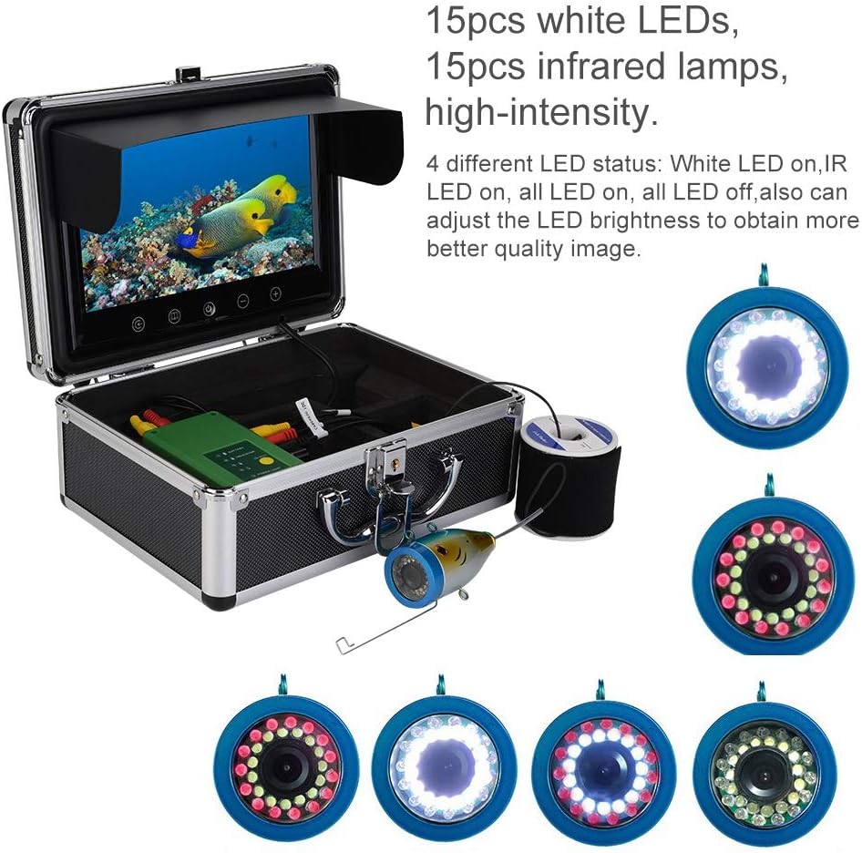 Underwater Fish & Depth Finders Camera, Portable 9 inch LCD Waterproof Monitor HD 15PCS White LEDs and 15PCS Infrared Lamps 1000TVL 30M Deep-sea Probe VR Video Cam for Ice Sea Boat Lake Fishing(US)