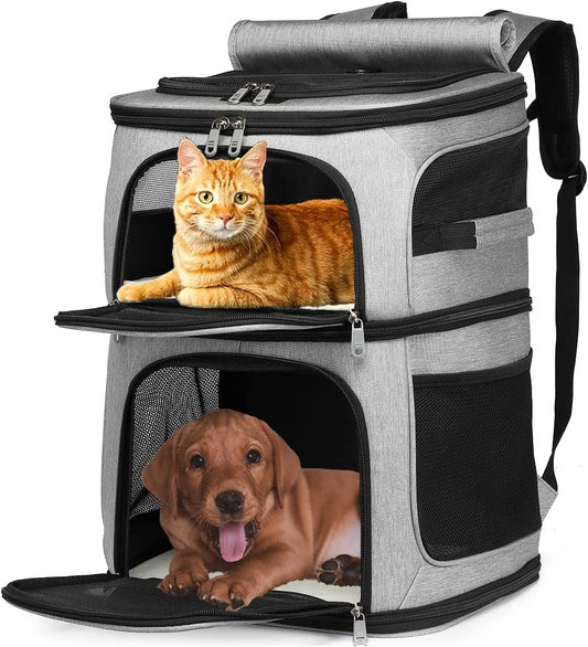 Pet Backpack Carrier Double-Compartment, Portable Pet Cat Carrier Travel for 2 Small Cats or Dogs, Breathable Large Size Cat Carrier Backpack, Perfect for Travel/Hiking/Camping/Walking Outdoor, Grey