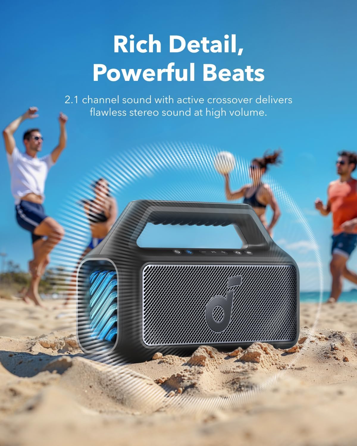 soundcore Boom 2 Outdoor Speaker, 80W, Subwoofer, BassUp 2.0, 24H Playtime, IPX7 Waterproof, Floatable, RGB Lights, USB-C, Custom EQ, Bluetooth 5.3, Portable, Camping, Beach, and Backyard-Black