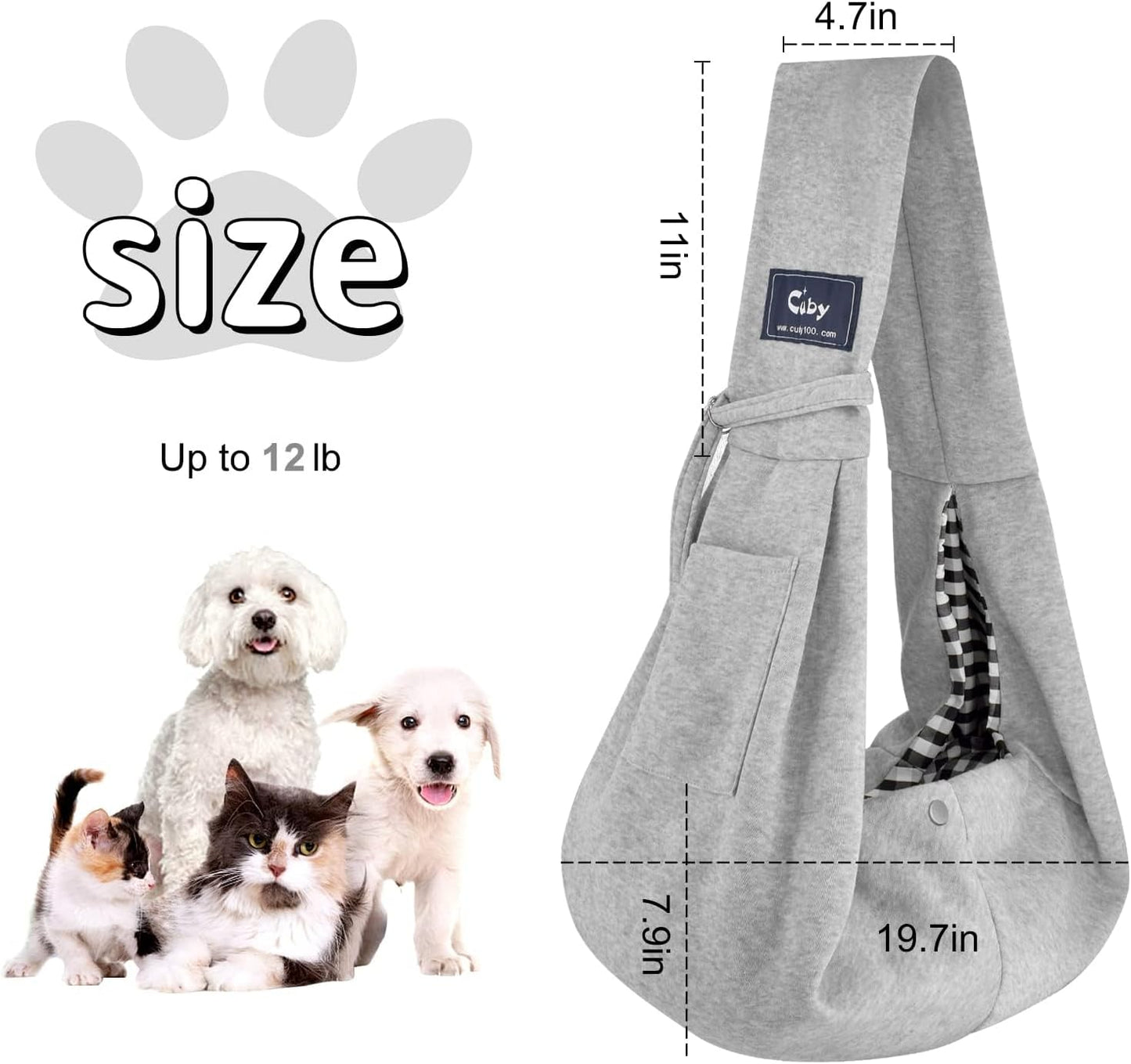 Cuby Adjustable Dog Cat Sling Padded Hard Bottom Pet Carrier Sling Soft Carrying Puppy Bag for Small Dogs Cats Outdoor Travel (Grayish-White)