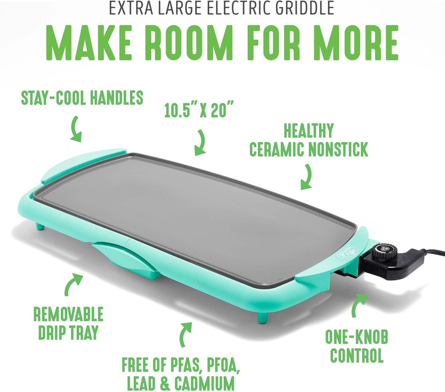 GreenLife Healthy Ceramic Nonstick, Extra Large 20" Electric Griddle for Pancakes Eggs Burgers and More, Stay Cool Handles, Removable Drip Tray, Adjustable Temperature Control, PFAS-Free, Soft Pink