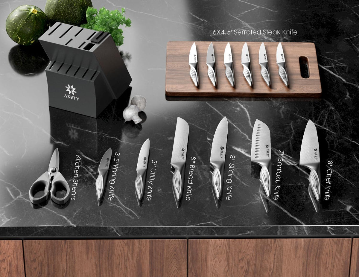 ASETY Knife Block Set, 15 PCS Knives Set for Kitchen, Stainless Steel