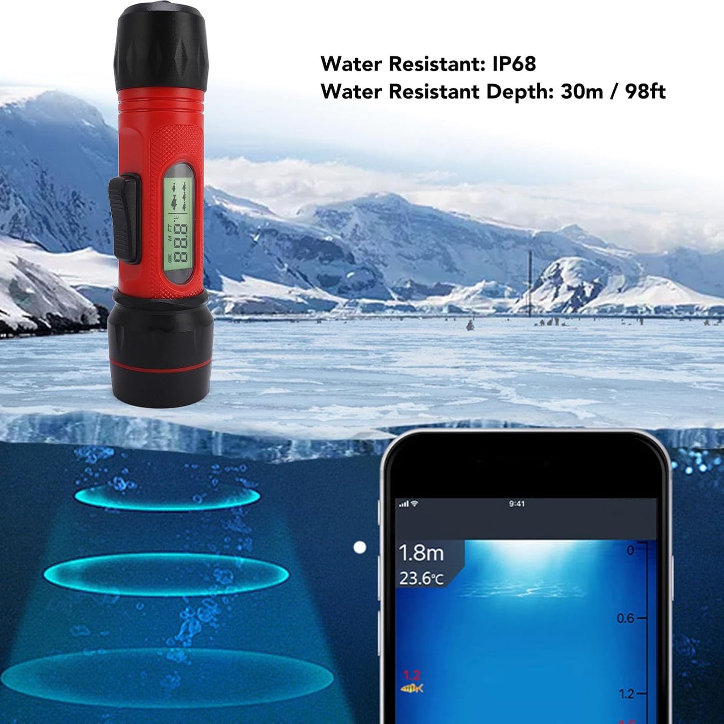 PUSOKEI Sonar Fish Finder, Portable Handheld Fish Depth Finder with LCD Screen and 45 Degree Detection Angle, for Kayak Boat Ice Fishing Water Proof IP68