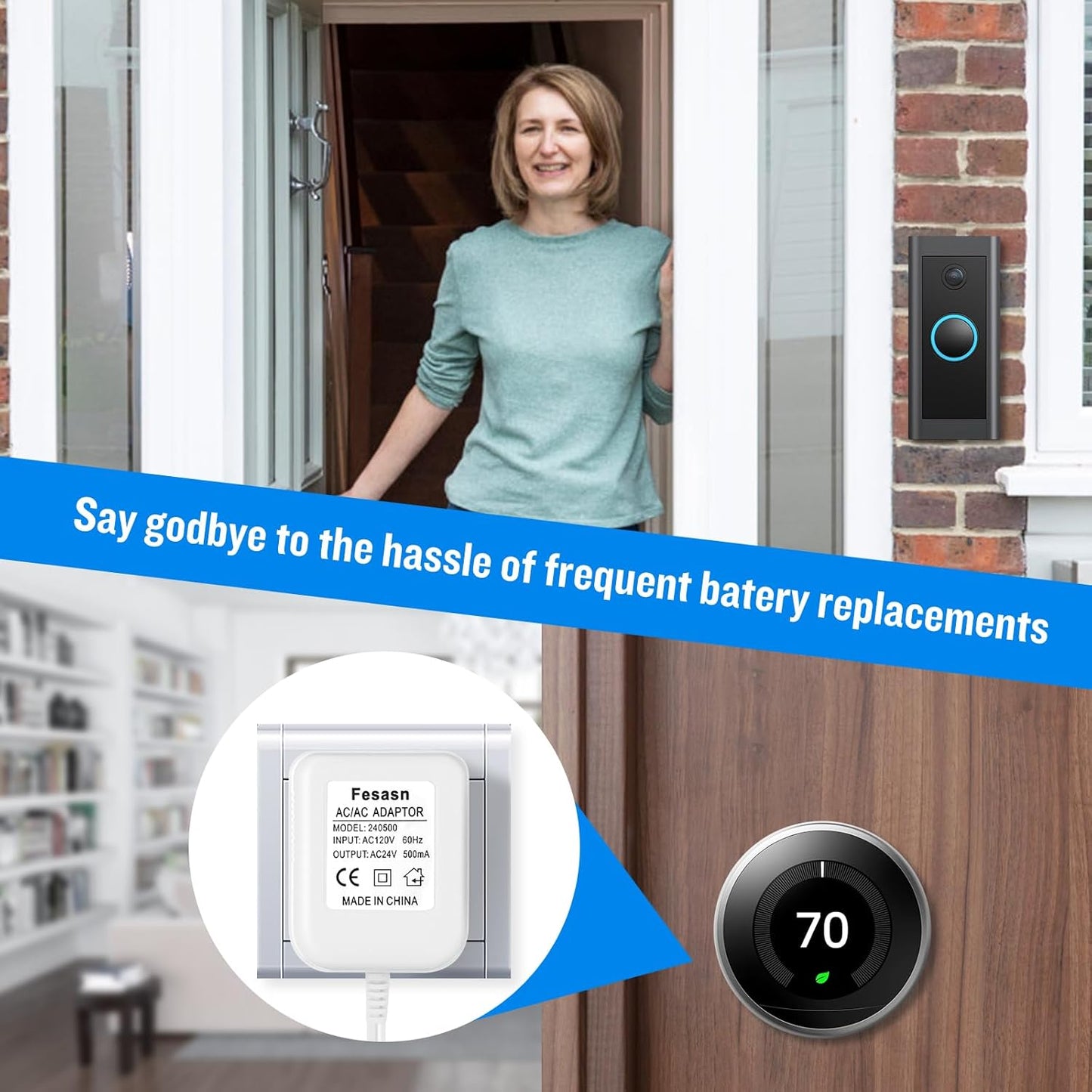 Fesasn 24V C Wire Doorbell Adapter Compatible with Nest Honeywell Ecobee Sensi Thermostat and Wyze Ring Video Doorbell (26.2 FT Long Cable with White)