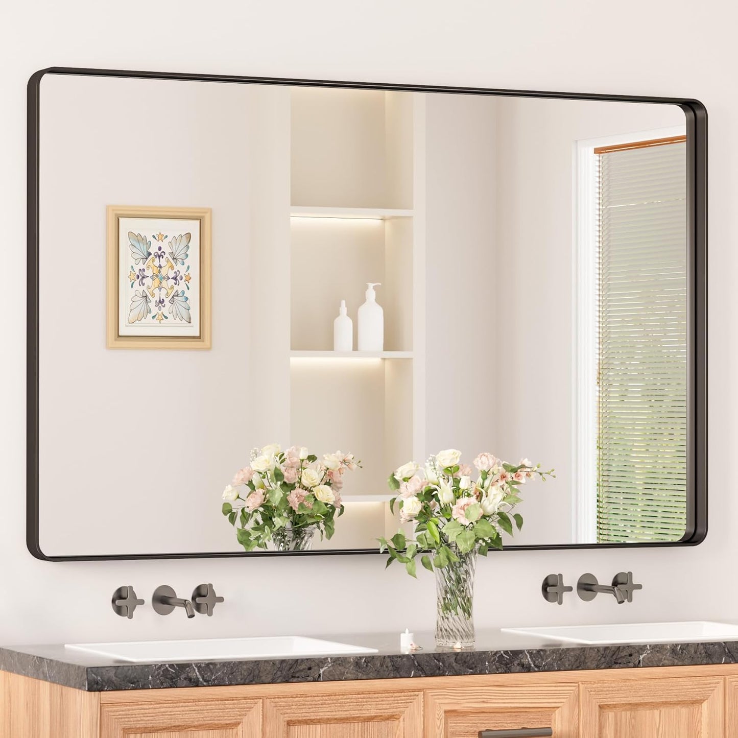 Keonjinn 42 x 36 Brushed Nickel Bathroom Vanity Mirror, Large Rounded Rectangle Bathroom Mirrors for over Sink, Metal Framed Silver Mirror for Wall, Shatterproof HD Tempered Glass(Horizontal/Vertical)