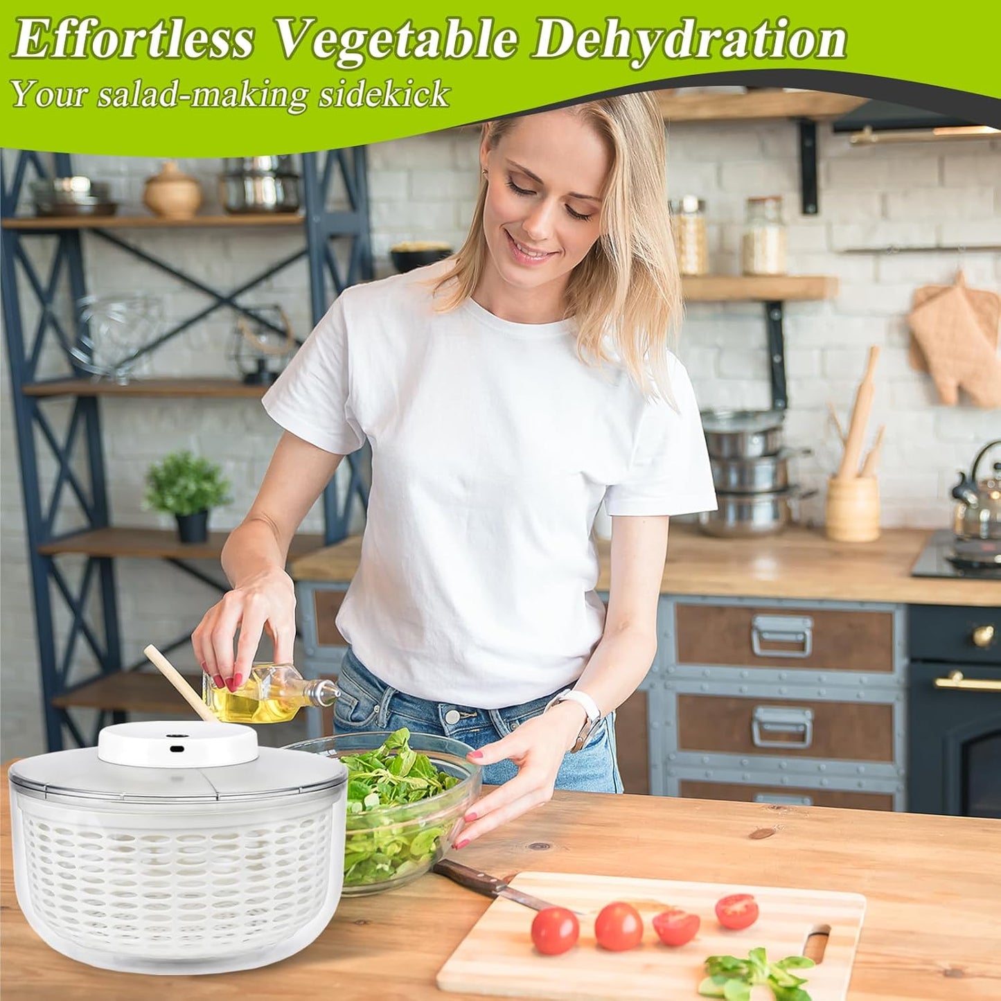 Electric Salad Spinner 6L Automatic Salad Spinner with 350 ml Squeeze Bottle, Quick Dehydrator for Fruit Vegetables,Lettuce Spinner with Lid, Multifunction Large Capacity, USB Rechargeable