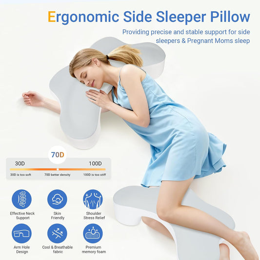 Side Sleeper Pillows with Arm Holes- Memory Foam Shoulder Pillow for Side Sleepers Neck Support & Rotator Cuff Pain Relief, 2PCS Pillowcase, Ergonomic Knee, Leg, Arm Pillow for Adults (Grey)