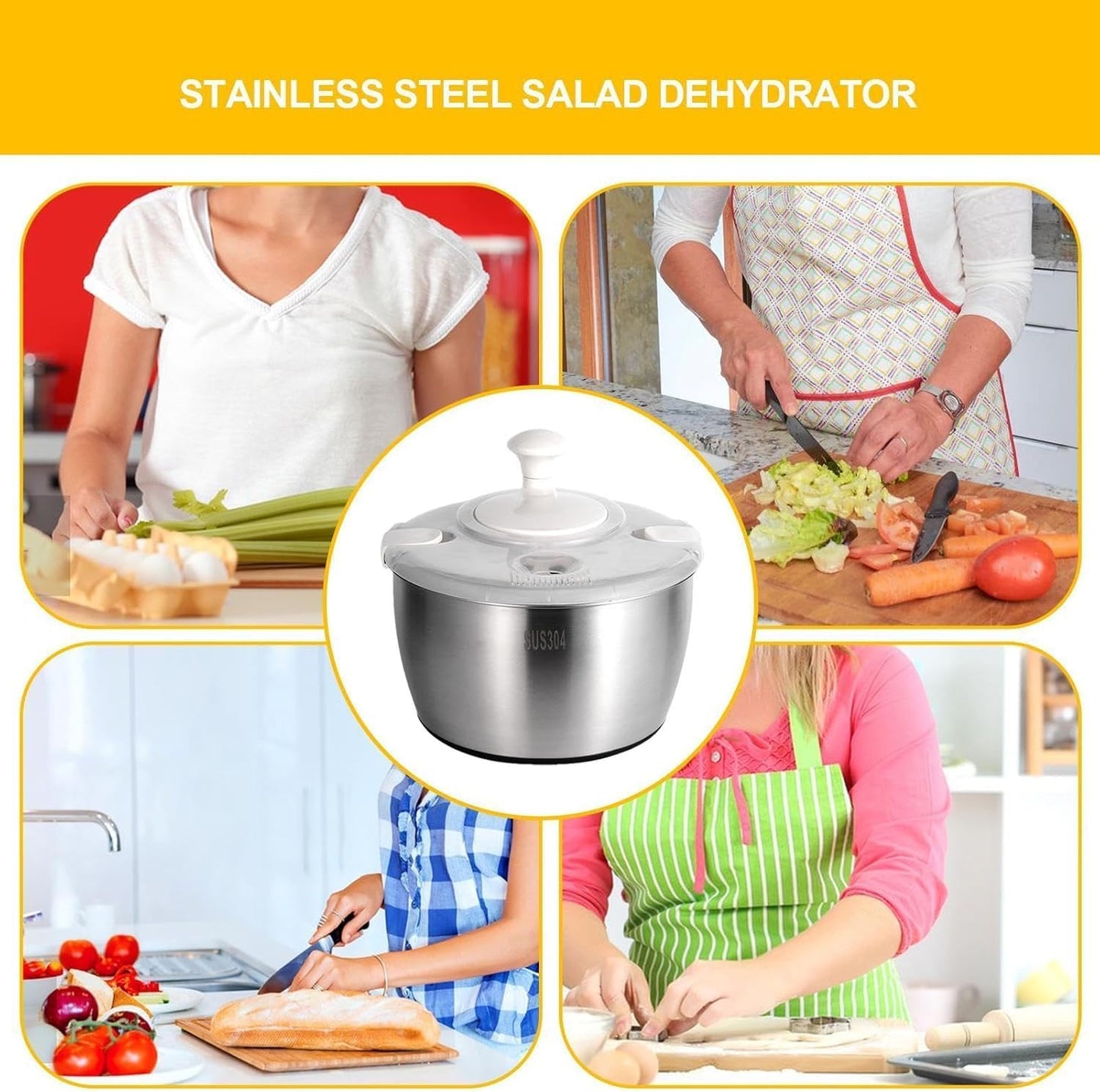 Stainless Steel Salad Spinner - Multi-Use Vegetable Washer, Fruit and Vegetables Salad Washer,Manual Vegetable Dryer for Home Kitchen