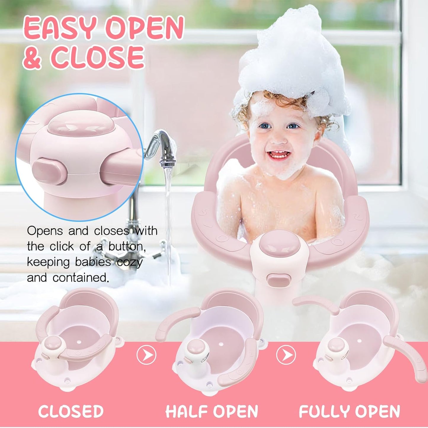 Baby Bath Seat for Babies 6 Months & Up, Non-Slip Infant Toddler Baby Bathtub Bath Seat for Sitting Up, Baby Tub Seat with Suction Cups for Shower (Pink)