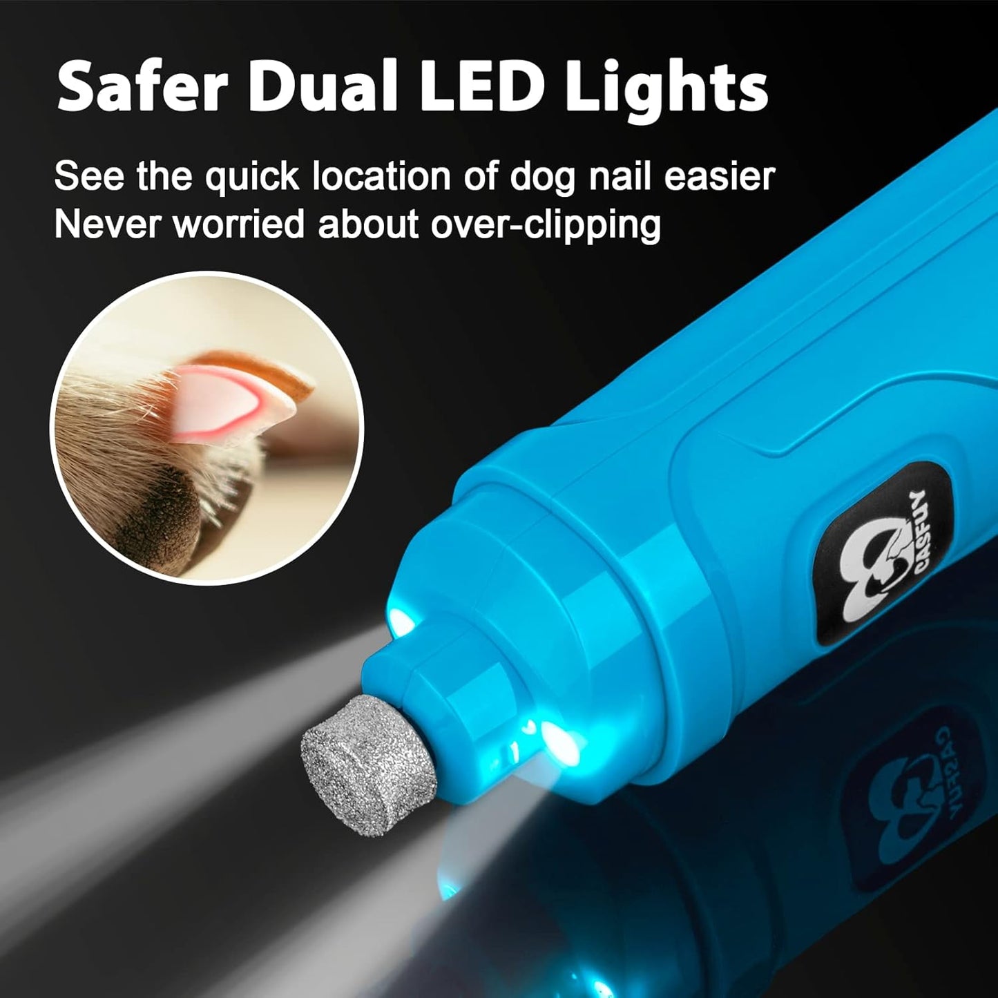 Casfuy Dog Nail Grinder with 2 LED Light - New Version 2-Speed Powerful Electric Pet Nail Trimmer Professional Quiet Painless Paws Grooming & Smoothing for Small Medium Large Dogs and Cats (Blue)