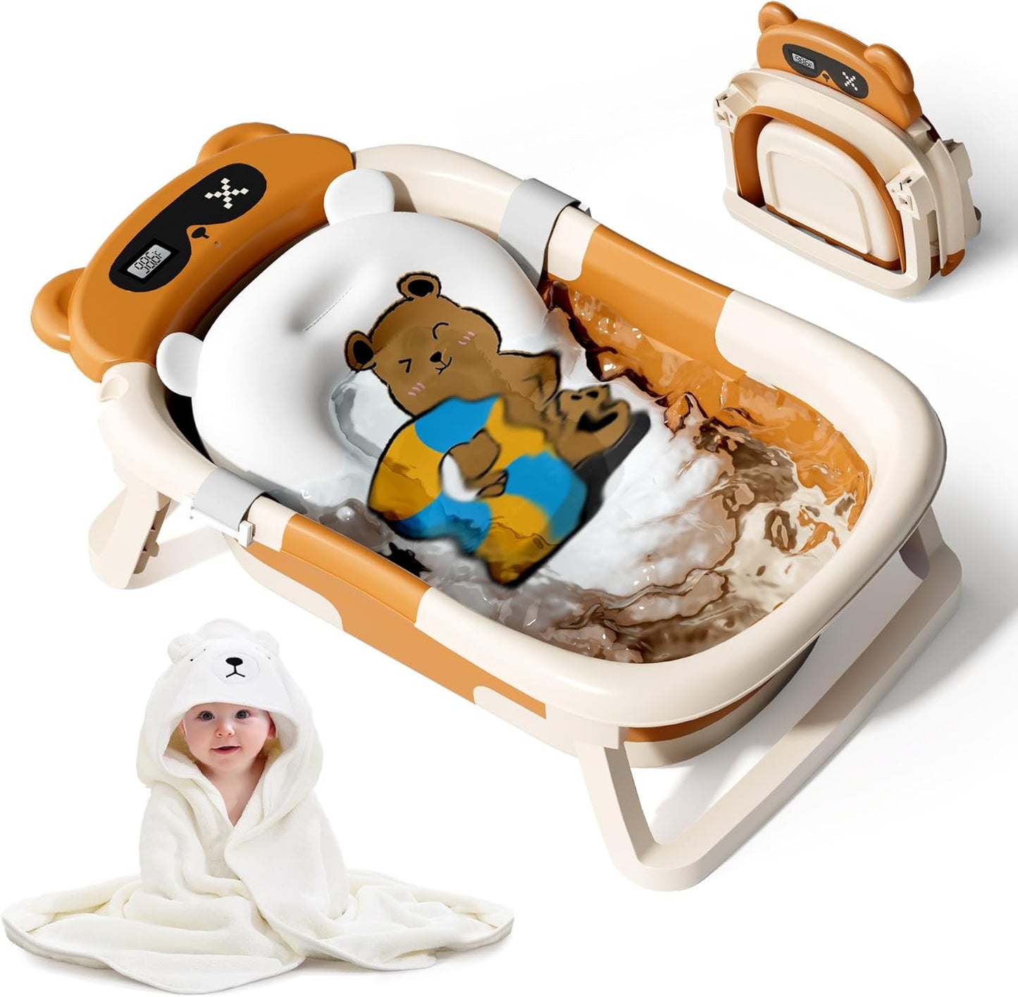Kerbwry Baby Bathtub for Newborn to Toddler, Baby Bath Tub with Soft Towel and Floating Cushion, Baignoire Pour Bébé, Shower Essentials for Newborn (0-18 Months) Grey