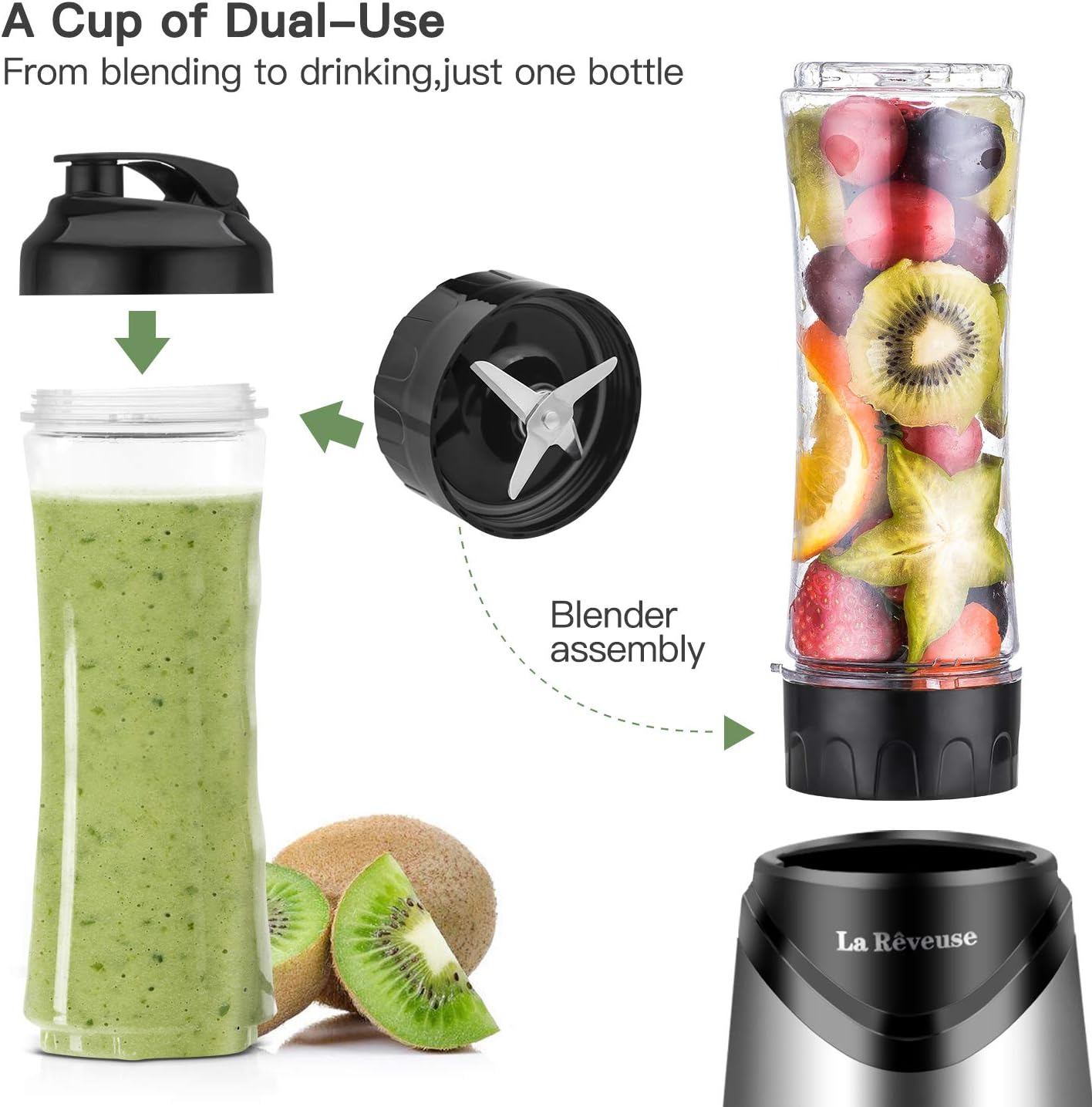 La Reveuse Smoothies Blender Personal Size 300 Watts with 2 Pieces 18 oz BPA Free Portable Travel Sports Bottles (Silver 2 Cups)