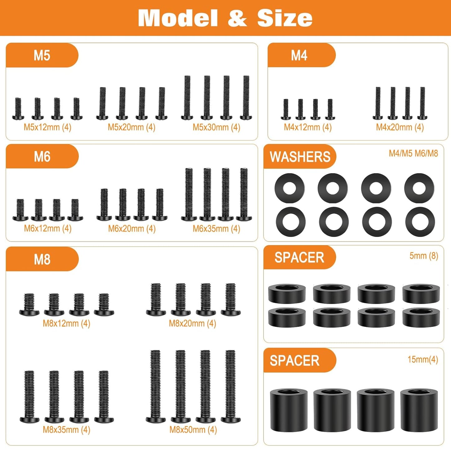 Universal TV Mounting Hardware Screw Kit Set - M4 M5 M6 M8 Screws,Spacers and Washers for Most TV/Monitor VESA Mount, TV Mount Replacement Screws with Box up to 80 inch(Black)