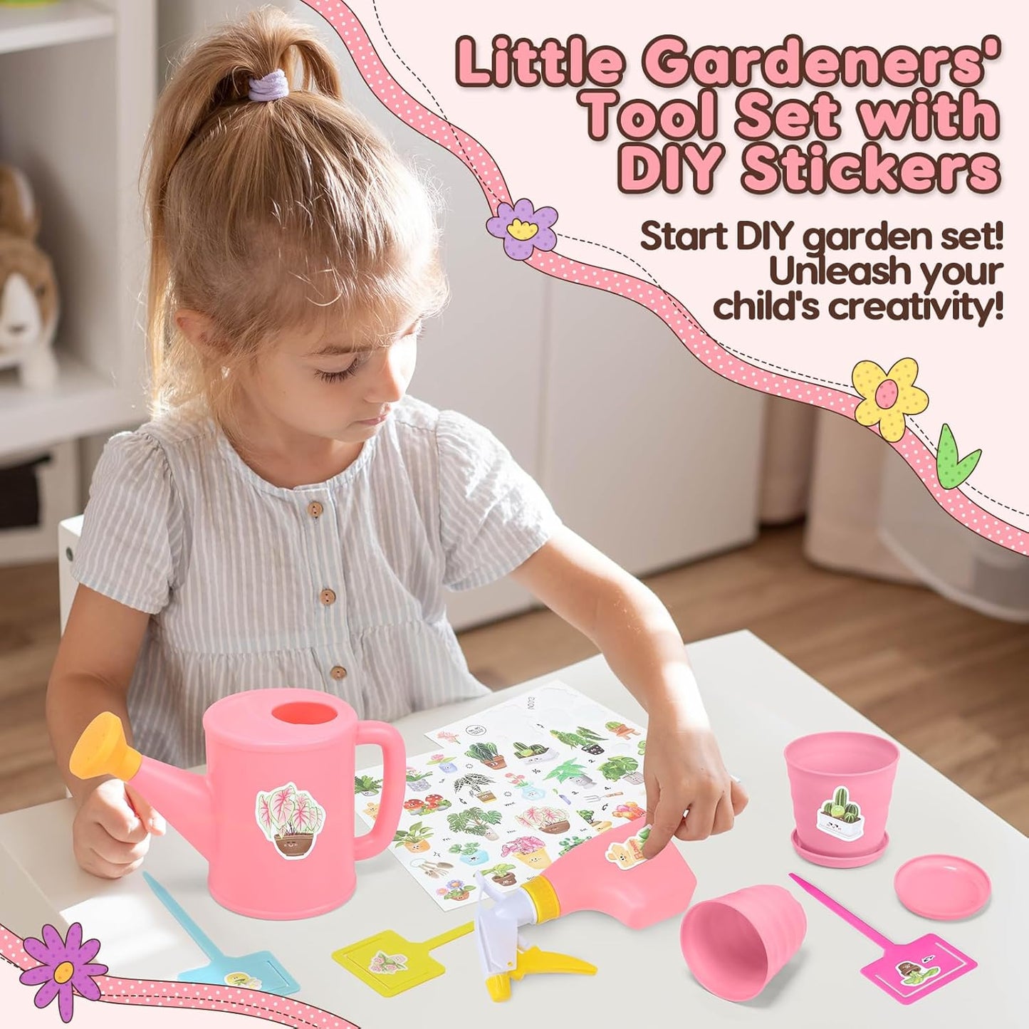 CUTE STONE Pink Kids Gardening Tool Set, Garden Toys W/ Shovel, Rake, Trowel, Apron W/Pockets, Garden Tote Bag, Watering Can, DIY Stickers, Outdoor Backyard Digging Gift Toys for Boys Girls