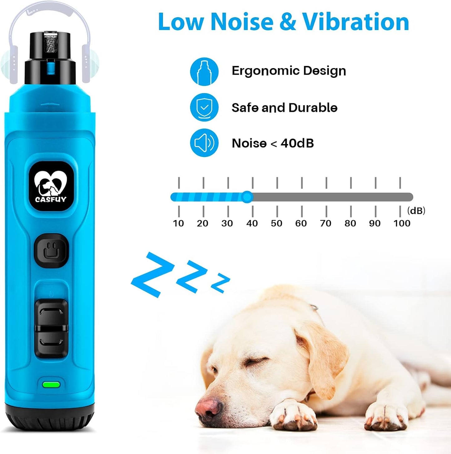 Casfuy Dog Nail Grinder with 2 LED Light - New Version 2-Speed Powerful Electric Pet Nail Trimmer Professional Quiet Painless Paws Grooming & Smoothing for Small Medium Large Dogs and Cats (Blue)