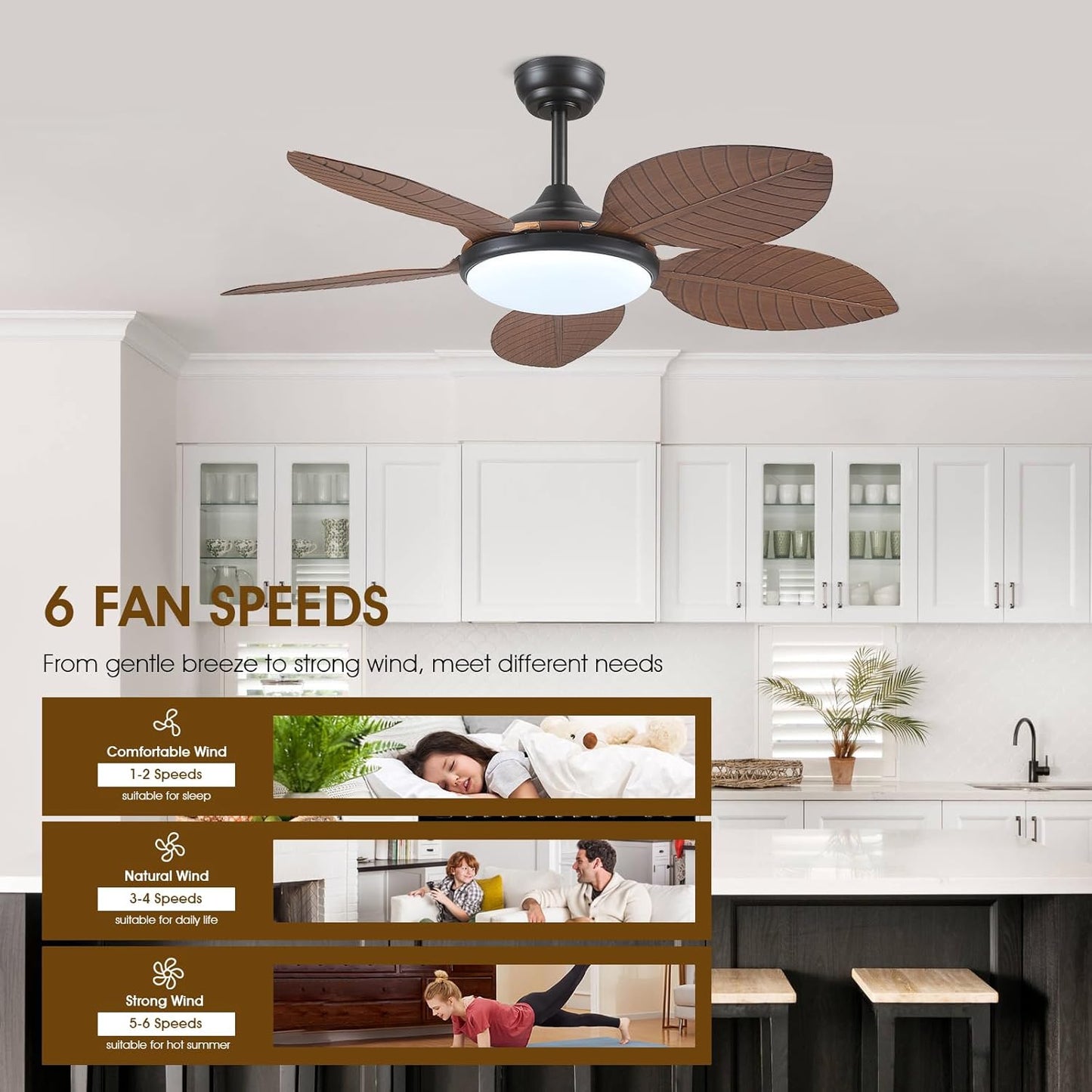 Wiviniya Ceiling Fans with Lights and Remote/APP Control, 44 Inch Tropical Palm Leaf Ceiling Fan with LED Lights, Outdoor Ceiling Fans for Patios Porch, Reversible Quiet Motor, Dimmable, Light Brown