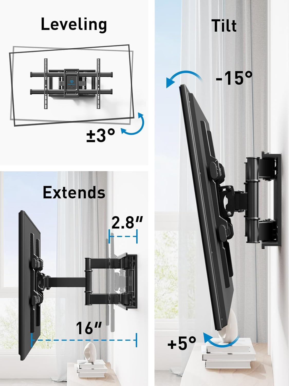 PERLESMITH TV Wall Mount Full Motion Swivel Dual Articulating Arm for Most 37-82 inch LED, LCD, OLED, Plasma TVs up to VESA 600x400mm, 132lbs