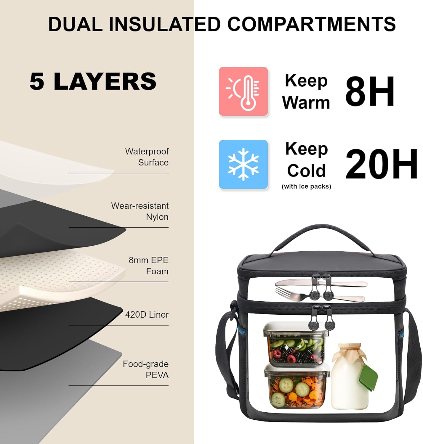 EVERFUN Cooler Bag Insulated Beach Cooler Lunch Bag Box for Men Women Dual Compartments Collapsible Waterproof Leak-Proof for Travel Work Picnic