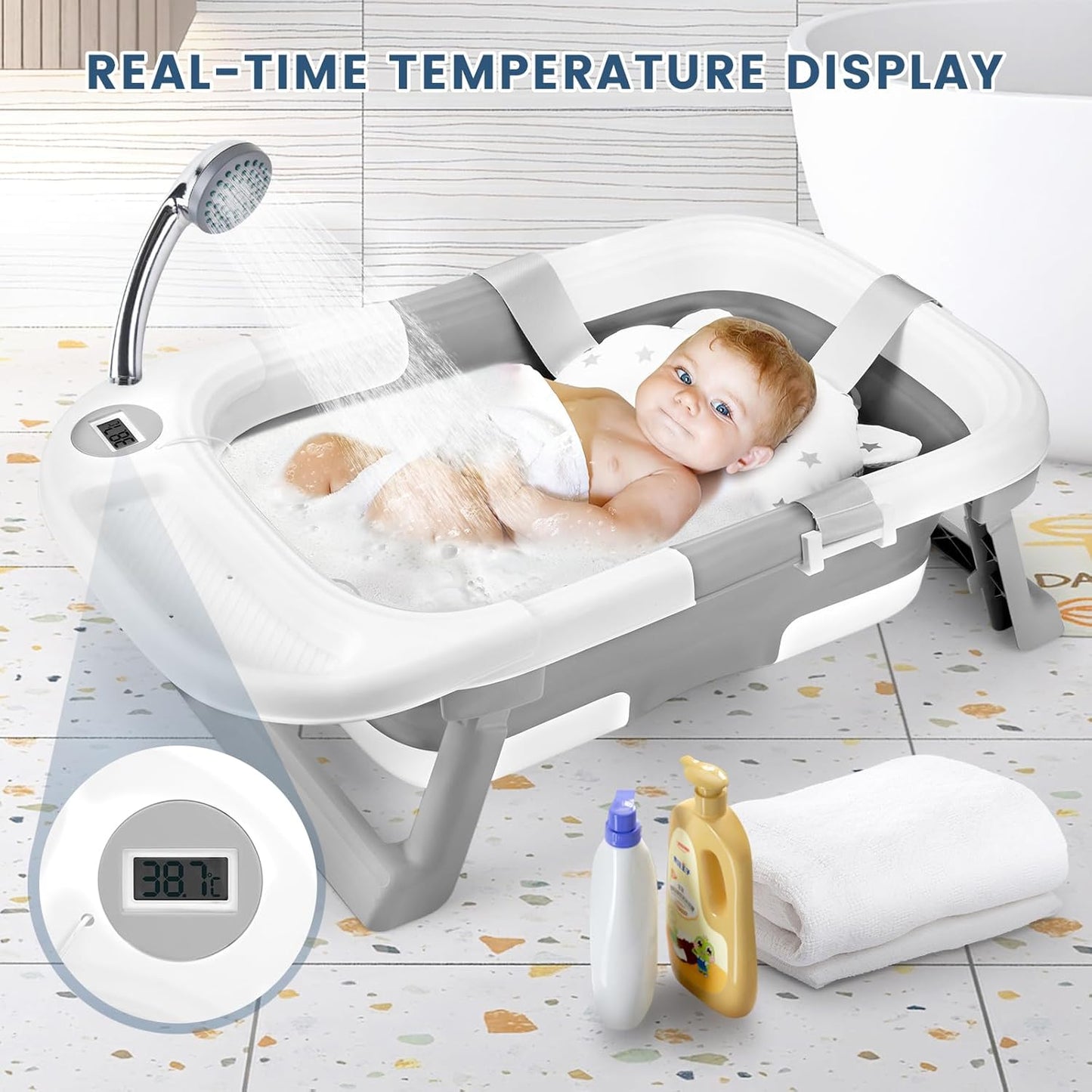 Baby Bathtub, Newborns Bath Essentials, Portable Bath tub For Infant 0-24 Months,Baby Shower Gifts With Soft Cushion,Temperature Sensor and Tray